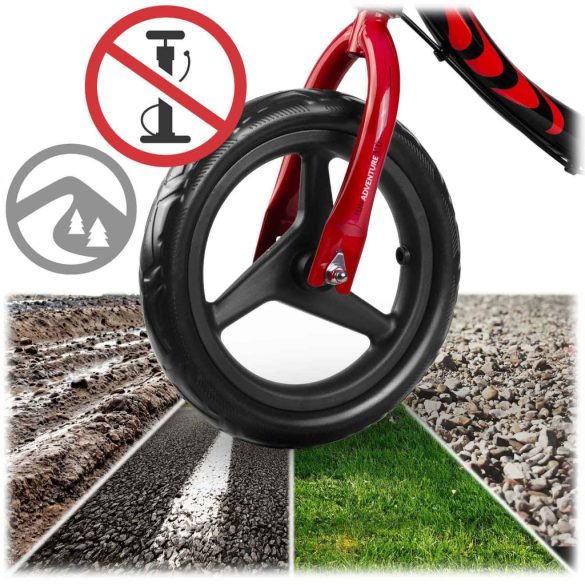 Kétkerekű futóbicikli, Ricokids Fun Adventure, fekete, acél váz, EVA hab kerekek 29 cm, állítható ülésmagasság 32–42 cm, hátsó fék, ultrakönnyű