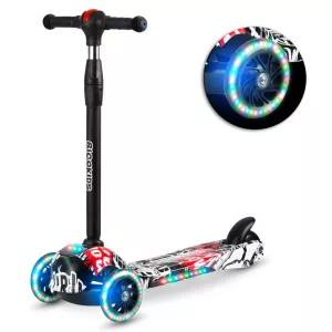 Háromkerekű roller, Ricokids Piko, fekete, piros/fehér mintás, LED világítás a kerekekben és a fellépőben, állítható magasságú kormány, balanszos irányítás, EN 71, max. 35 kg