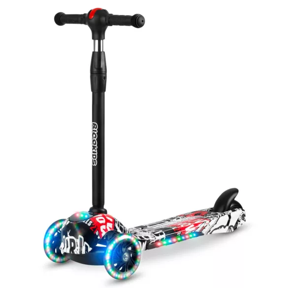 Háromkerekű roller, Ricokids Piko, fekete, piros/fehér mintás, LED világítás a kerekekben és a fellépőben, állítható magasságú kormány, balanszos irányítás, EN 71, max. 35 kg