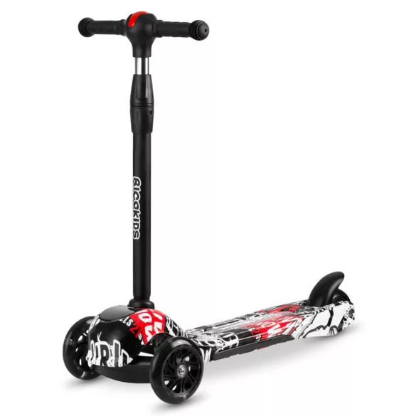 Háromkerekű roller, Ricokids Piko, fekete, piros/fehér mintás, LED világítás a kerekekben és a fellépőben, állítható magasságú kormány, balanszos irányítás, EN 71, max. 35 kg