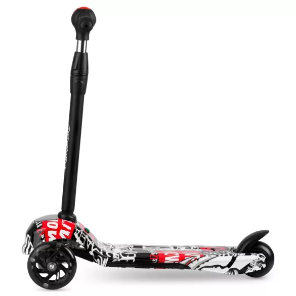 Háromkerekű roller, Ricokids Piko, fekete, piros/fehér mintás, LED világítás a kerekekben és a fellépőben, állítható magasságú kormány, balanszos irányítás, EN 71, max. 35 kg