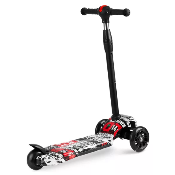 Háromkerekű roller, Ricokids Piko, fekete, piros/fehér mintás, LED világítás a kerekekben és a fellépőben, állítható magasságú kormány, balanszos irányítás, EN 71, max. 35 kg