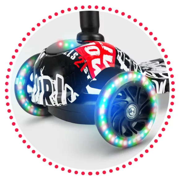 Háromkerekű roller, Ricokids Piko, fekete, piros/fehér mintás, LED világítás a kerekekben és a fellépőben, állítható magasságú kormány, balanszos irányítás, EN 71, max. 35 kg