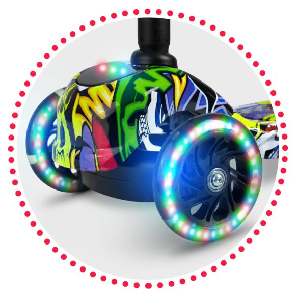 Háromkerekű roller, Ricokids Piko, fekete, színes mintás, LED világítás a kerekekben és a fellépőben, állítható magasságú kormány, balanszos irányítás, EN 71, max. 35 kg