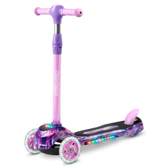 Háromkerekű roller, Ricokids Piko, rózsaszín, lila mintás, LED világítás a kerekekben és a fellépőben, állítható magasságú kormány, balanszos irányítás, EN 71, max. 35 kg
