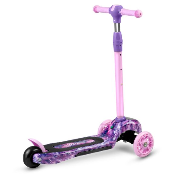 Háromkerekű roller, Ricokids Piko, rózsaszín, lila mintás, LED világítás a kerekekben és a fellépőben, állítható magasságú kormány, balanszos irányítás, EN 71, max. 35 kg