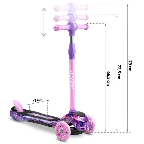 Háromkerekű roller, Ricokids Piko, rózsaszín, lila mintás, LED világítás a kerekekben és a fellépőben, állítható magasságú kormány, balanszos irányítás, EN 71, max. 35 kg