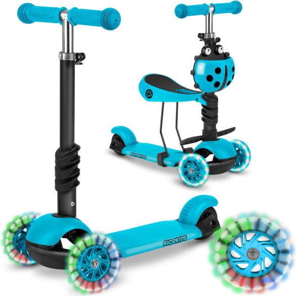 Háromkerekű roller, Ricokids Buggy, türkiz, 3 az 1-ben, LED világítás a kerekekben, állítható magasságú kormány és ülés, balanszos irányítás, EN 71, max. 30 kg