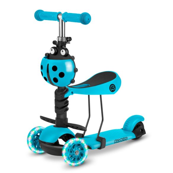 Háromkerekű roller, Ricokids Buggy, türkiz, 3 az 1-ben, LED világítás a kerekekben, állítható magasságú kormány és ülés, balanszos irányítás, EN 71, max. 30 kg