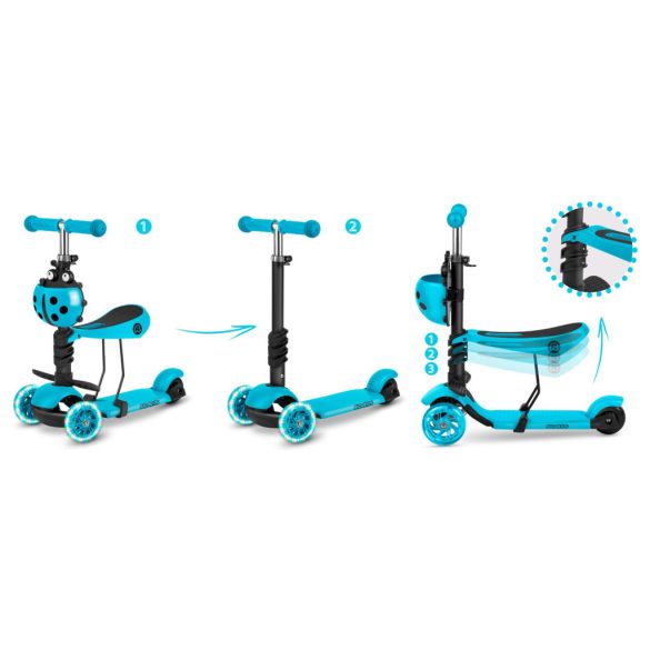 Háromkerekű roller, Ricokids Buggy, türkiz, 3 az 1-ben, LED világítás a kerekekben, állítható magasságú kormány és ülés, balanszos irányítás, EN 71, max. 30 kg