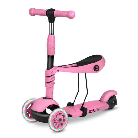 Háromkerekű roller, Ricokids Todi, rózsaszín, 3 az 1-ben, LED világítás a kerekekben, állítható magasságú kormány és ülés, balanszos irányítás, EN 71, max. 30 kg teherbírás, levehető üléssel és tolórúddal