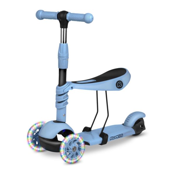 Háromkerekű roller, Ricokids Todi, kék, 3 az 1-ben, LED világítás a kerekekben, állítható magasságú kormány és ülés, balanszos irányítás, EN 71, max. 30 kg teherbírás, levehető üléssel és tolórúddal