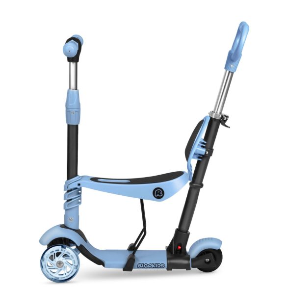 Háromkerekű roller, Ricokids Todi, kék, 3 az 1-ben, LED világítás a kerekekben, állítható magasságú kormány és ülés, balanszos irányítás, EN 71, max. 30 kg teherbírás, levehető üléssel és tolórúddal