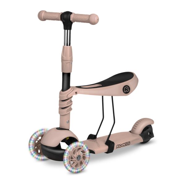 Háromkerekű roller, Ricokids Todi, bézs, 3 az 1-ben, LED világítás a kerekekben, állítható magasságú kormány és ülés, balanszos irányítás, EN 71, max. 30 kg teherbírás, levehető üléssel és tolórúddal