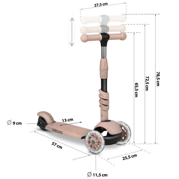 Háromkerekű roller, Ricokids Todi, bézs, 3 az 1-ben, LED világítás a kerekekben, állítható magasságú kormány és ülés, balanszos irányítás, EN 71, max. 30 kg teherbírás, levehető üléssel és tolórúddal