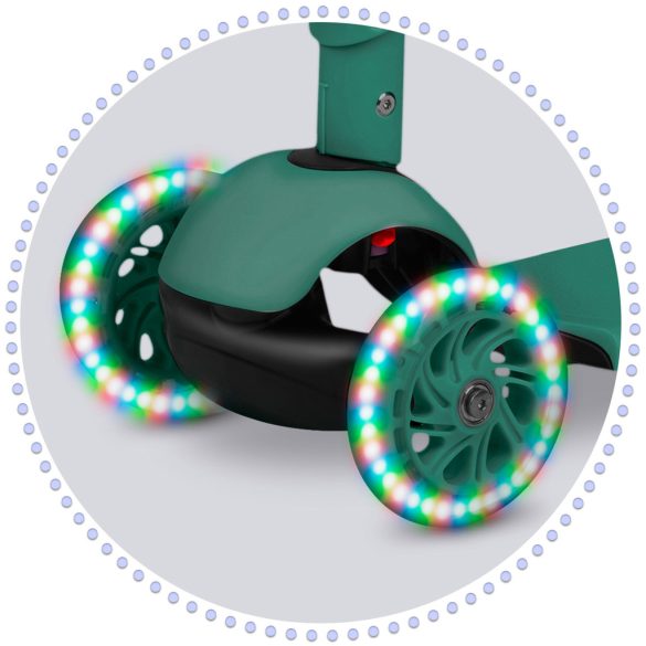 Háromkerekű roller, Ricokids Todi, zöld, 3 az 1-ben, LED világítás a kerekekben, állítható magasságú kormány és ülés, balanszos irányítás, EN 71, max. 30 kg teherbírás, levehető üléssel és tolórúddal