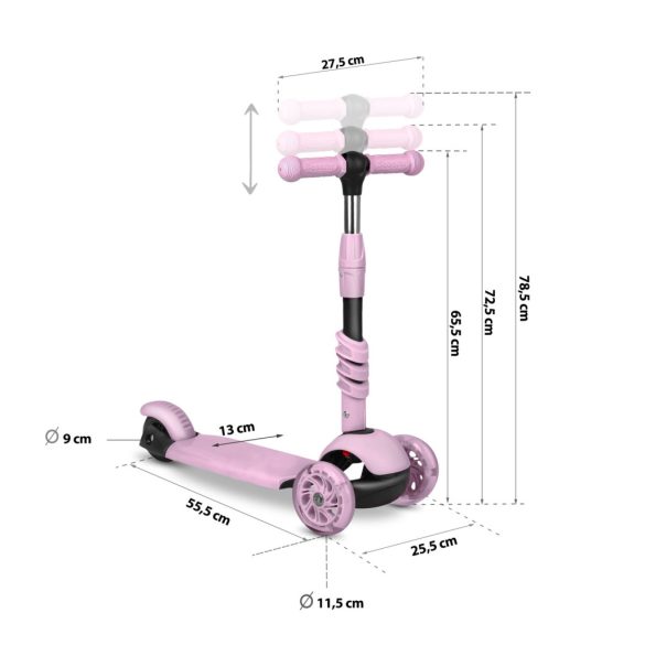 Háromkerekű roller, Ricokids Cubi, rózsaszín, 3 az 1-ben, LED világítás a kerekben, állítható magasságú kormány és ülés, balanszos irányítás, csúszásgátló fellépő, EN 71, max. 30 kg