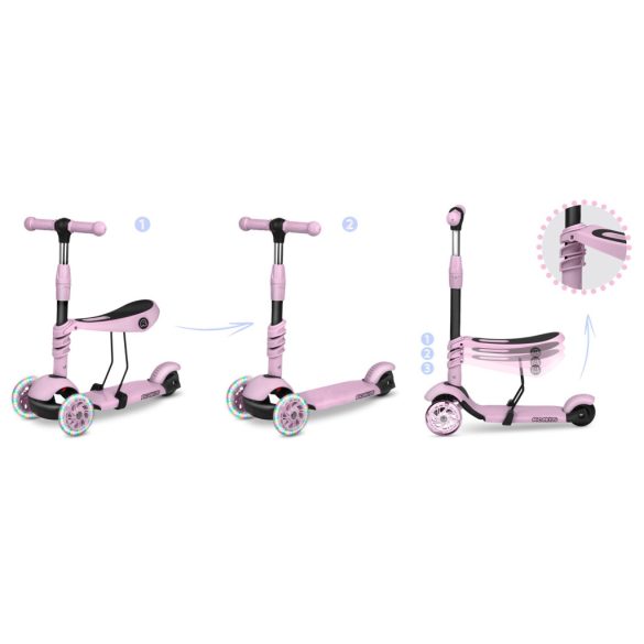 Háromkerekű roller, Ricokids Cubi, rózsaszín, 3 az 1-ben, LED világítás a kerekben, állítható magasságú kormány és ülés, balanszos irányítás, csúszásgátló fellépő, EN 71, max. 30 kg