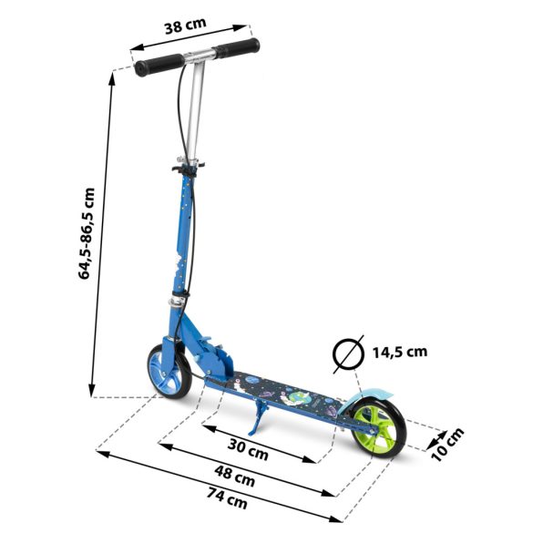 Gyerek roller, Ricokids Kodi, kék, 14,5 cm PU kerekek, összecsukható, állítható kormány, kézifék és lábfék, ABEC-7 csapágy, 3–8 éveseknek, max. 50 kg