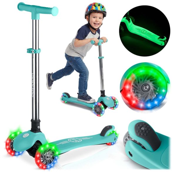 Háromkerekű roller, Ricokids Glow, türkiz, LED világítás a kerekekben, sötétben világító állófelület, balanszos irányítás, állítható alumínium kormány, EN 71, max. 50 kg