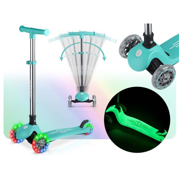 Háromkerekű roller, Ricokids Glow, türkiz, LED világítás a kerekekben, sötétben világító állófelület, balanszos irányítás, állítható alumínium kormány, EN 71, max. 50 kg