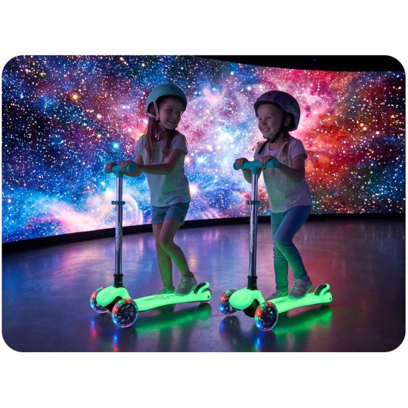 Háromkerekű roller, Ricokids Glow, türkiz, LED világítás a kerekekben, sötétben világító állófelület, balanszos irányítás, állítható alumínium kormány, EN 71, max. 50 kg