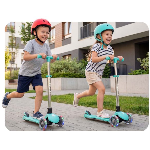 Háromkerekű roller, Ricokids Glow, türkiz, LED világítás a kerekekben, sötétben világító állófelület, balanszos irányítás, állítható alumínium kormány, EN 71, max. 50 kg