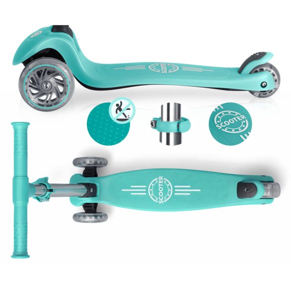 Háromkerekű roller, Ricokids Glow, türkiz, LED világítás a kerekekben, sötétben világító állófelület, balanszos irányítás, állítható alumínium kormány, EN 71, max. 50 kg