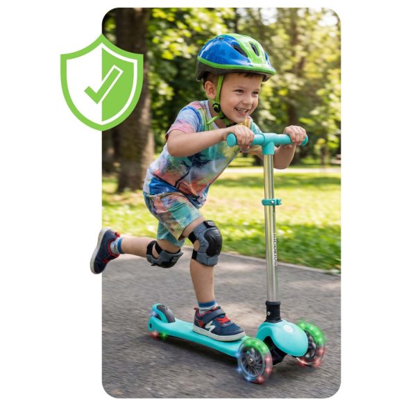 Háromkerekű roller, Ricokids Glow, türkiz, LED világítás a kerekekben, sötétben világító állófelület, balanszos irányítás, állítható alumínium kormány, EN 71, max. 50 kg