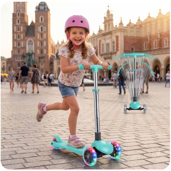 Háromkerekű roller, Ricokids Glow, türkiz, LED világítás a kerekekben, sötétben világító állófelület, balanszos irányítás, állítható alumínium kormány, EN 71, max. 50 kg