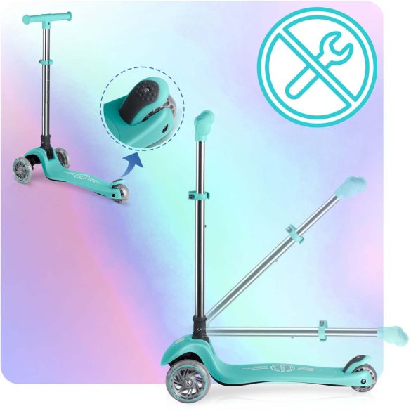 Háromkerekű roller, Ricokids Glow, türkiz, LED világítás a kerekekben, sötétben világító állófelület, balanszos irányítás, állítható alumínium kormány, EN 71, max. 50 kg