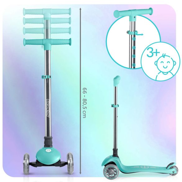 Háromkerekű roller, Ricokids Glow, türkiz, LED világítás a kerekekben, sötétben világító állófelület, balanszos irányítás, állítható alumínium kormány, EN 71, max. 50 kg