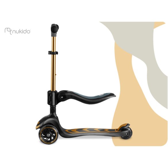 Háromkerekű roller, Nukido Flippo, arany, LED világítás a kerekekben, balanszos irányítás, levehető és állítható ülés, alumínium kormány, max. 50 kg