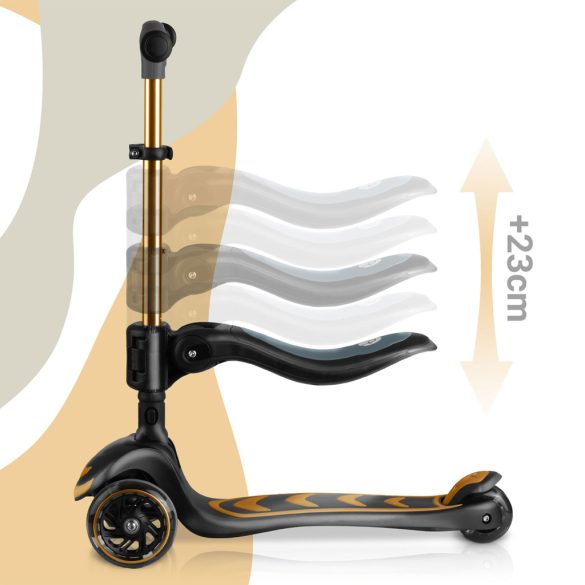 Háromkerekű roller, Nukido Flippo, arany, LED világítás a kerekekben, balanszos irányítás, levehető és állítható ülés, alumínium kormány, max. 50 kg