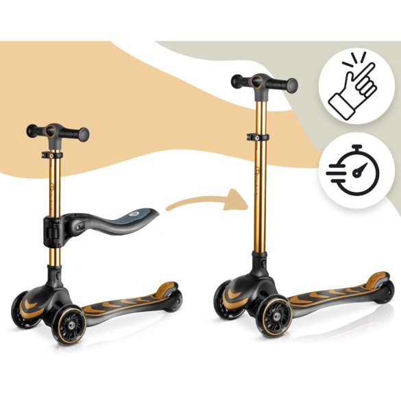 Háromkerekű roller, Nukido Flippo, arany, LED világítás a kerekekben, balanszos irányítás, levehető és állítható ülés, alumínium kormány, max. 50 kg