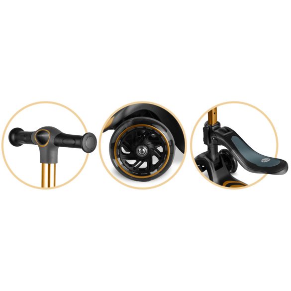 Háromkerekű roller, Nukido Flippo, arany, LED világítás a kerekekben, balanszos irányítás, levehető és állítható ülés, alumínium kormány, max. 50 kg