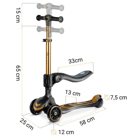Háromkerekű roller, Nukido Flippo, arany, LED világítás a kerekekben, balanszos irányítás, levehető és állítható ülés, alumínium kormány, max. 50 kg