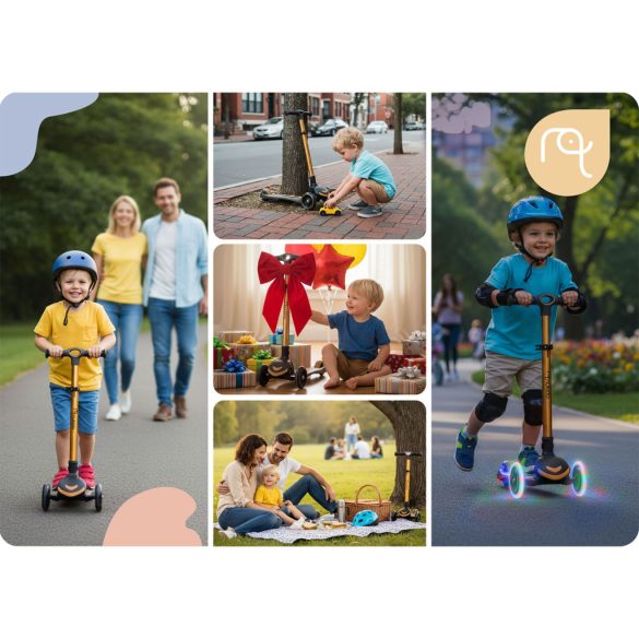 Háromkerekű roller, Nukido Flippo, arany, LED világítás a kerekekben, balanszos irányítás, levehető és állítható ülés, alumínium kormány, max. 50 kg