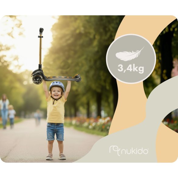 Háromkerekű roller, Nukido Flippo, arany, LED világítás a kerekekben, balanszos irányítás, levehető és állítható ülés, alumínium kormány, max. 50 kg