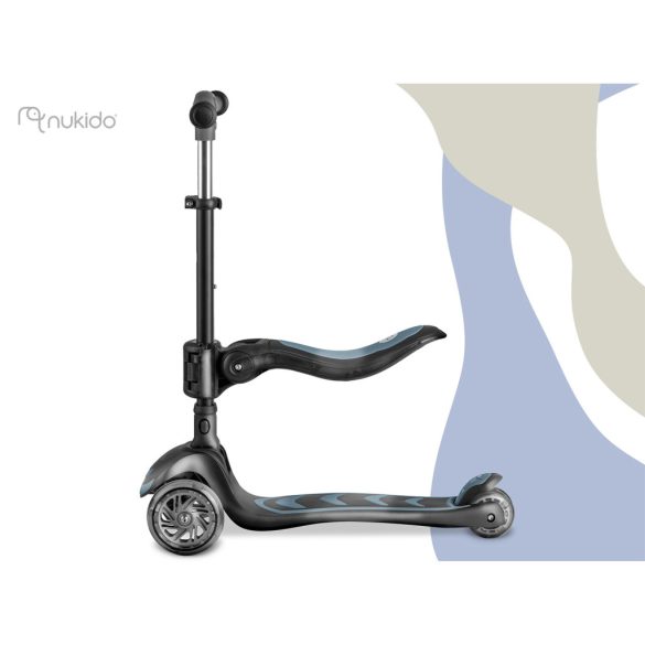 Háromkerekű roller, Nukido Flippo, fekete, LED világítás a kerekekben, balanszos irányítás, levehető és állítható ülés, alumínium kormány, max. 50 kg
