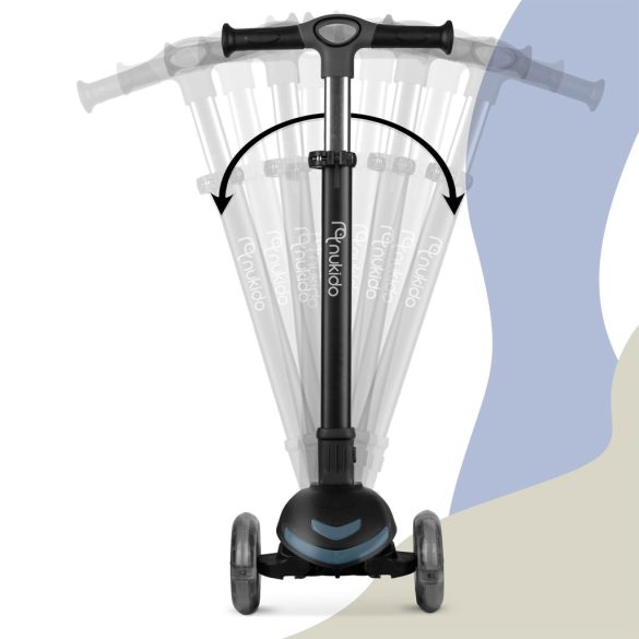 Háromkerekű roller, Nukido Flippo, fekete, LED világítás a kerekekben, balanszos irányítás, levehető és állítható ülés, alumínium kormány, max. 50 kg