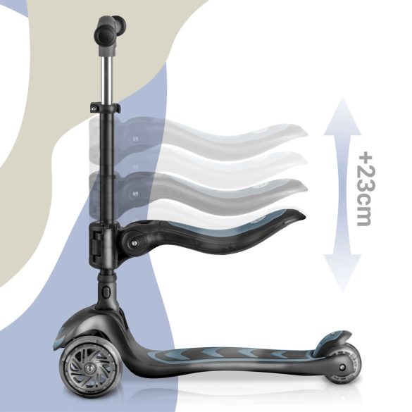 Háromkerekű roller, Nukido Flippo, fekete, LED világítás a kerekekben, balanszos irányítás, levehető és állítható ülés, alumínium kormány, max. 50 kg