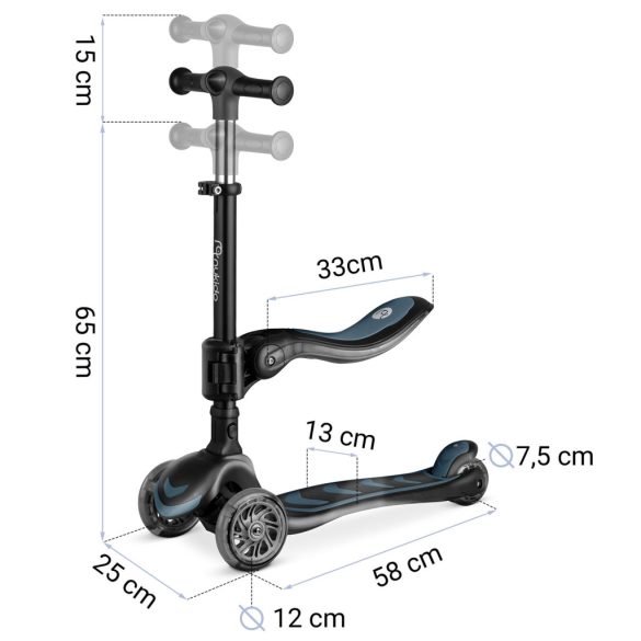 Háromkerekű roller, Nukido Flippo, fekete, LED világítás a kerekekben, balanszos irányítás, levehető és állítható ülés, alumínium kormány, max. 50 kg