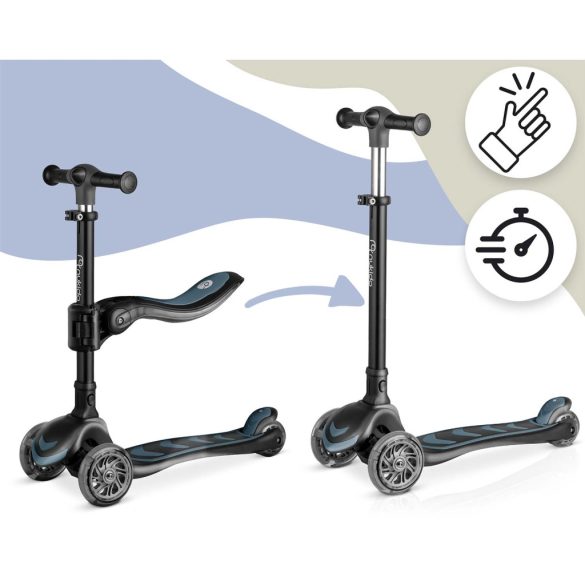 Háromkerekű roller, Nukido Flippo, fekete, LED világítás a kerekekben, balanszos irányítás, levehető és állítható ülés, alumínium kormány, max. 50 kg