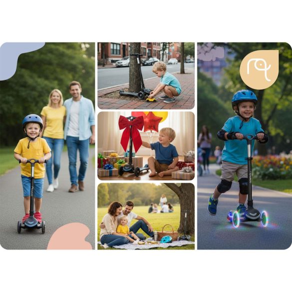 Háromkerekű roller, Nukido Flippo, fekete, LED világítás a kerekekben, balanszos irányítás, levehető és állítható ülés, alumínium kormány, max. 50 kg