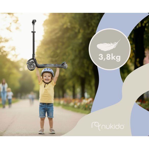 Háromkerekű roller, Nukido Flippo, fekete, LED világítás a kerekekben, balanszos irányítás, levehető és állítható ülés, alumínium kormány, max. 50 kg