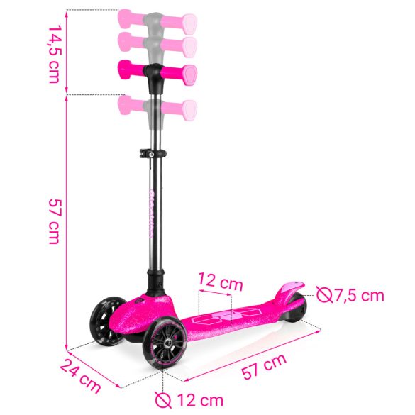 Háromkerekű roller, Ricokids Jelly, rózsaszín, LED világítás a kerekekben és a fellépőben, balanszos irányítás, állítható alumínium kormány, max. 50 kg