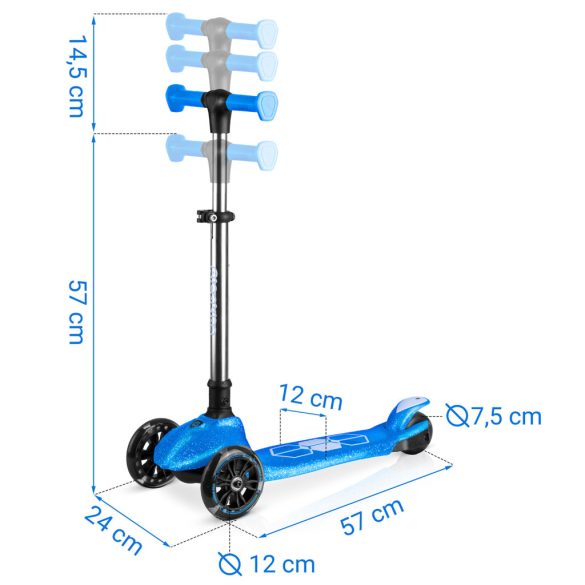 Háromkerekű roller, Ricokids Jelly, kék, LED világítás a kerekekben és a fellépőben, balanszos irányítás, állítható alumínium kormány, max. 50 kg