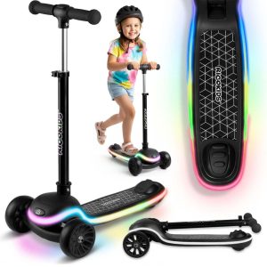Háromkerekű roller, Ricokids Leddi, fekete, LED világítás a fellépőben, balanszos irányítás, állítható fém kormány, max. 35 kg