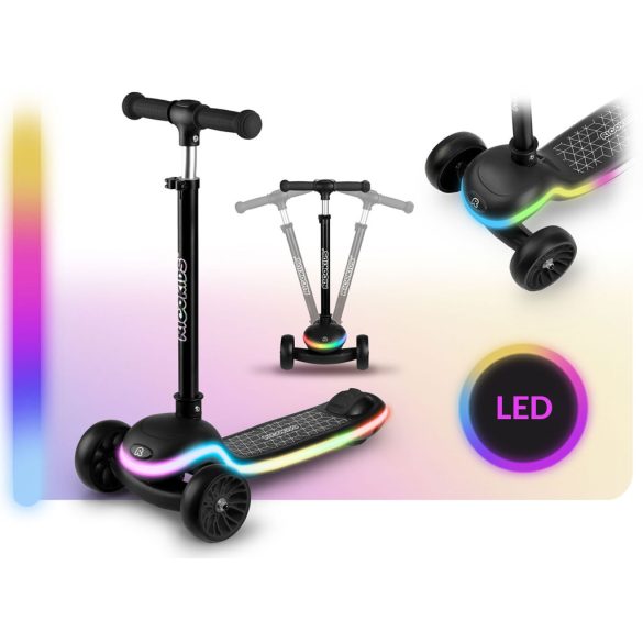 Háromkerekű roller, Ricokids Leddi, fekete, LED világítás a fellépőben, balanszos irányítás, állítható fém kormány, max. 35 kg